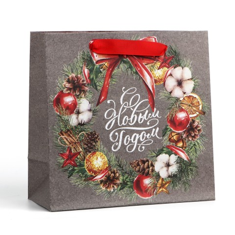 Пакет крафтовый квадратный «С Новым Годом», 22*22*11см
