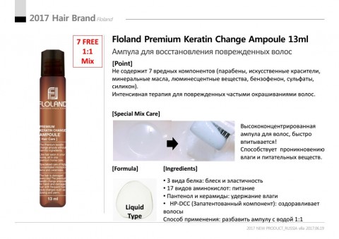 Филлер для восстановления волос Floland с кератином Premium Keratin Change Ampoule, 13 мл.