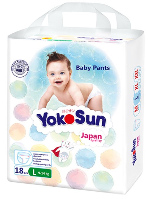 YokoSun Подгузники-трусики на липучках размер L с 9-14 кг 0+, 18 шт.