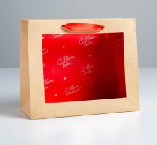 Пакет подарочный крафтовый с прозрачным окном "С Новым Годом!", 24 х 20 х 11 см