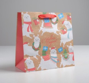 Пакет крафтовый квадратный «Новогодняя альпака», 22 × 22 × 11 см 