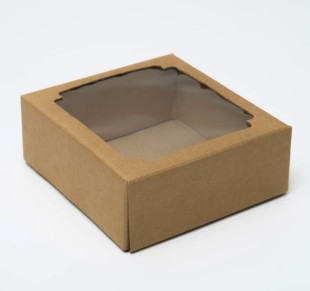 Коробка сборная без печати крышка-дно бурая с окном 14,5*14,5*6 см