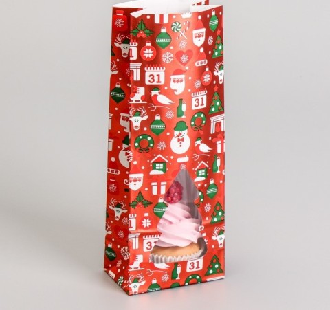 Пакет бумажный фасовочный "Новогодний с окном", 10*6*26 см