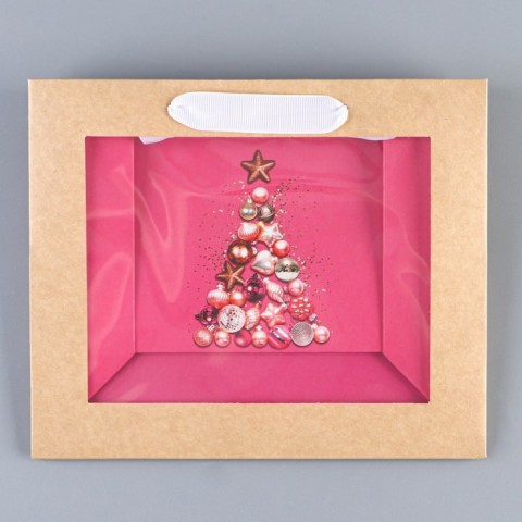 Пакет крафтовый с пластиковым окном «Новогодние шары», 24*20*11см  
