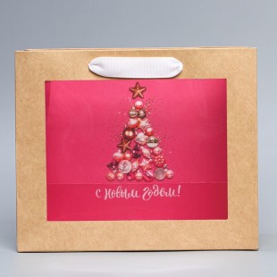 Пакет крафтовый с пластиковым окном «Новогодние шары», 24*20*11см  