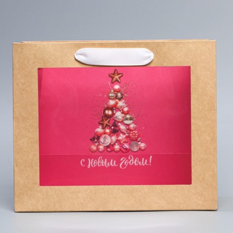 Пакет крафтовый с пластиковым окном «Новогодние шары», 24*20*11см  