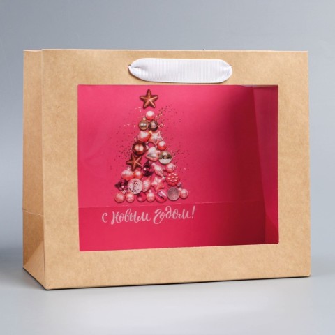 Пакет крафтовый с пластиковым окном «Новогодние шары», 24*20*11см  