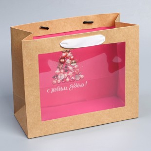 Пакет крафтовый с пластиковым окном «Новогодние шары», 24*20*11см  