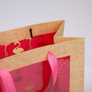 Пакет крафтовый с пвс окном «Фламинго», 24 х 20 х 11см 