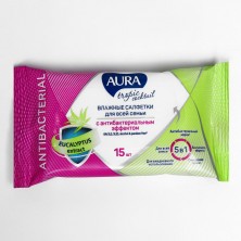 Салфетки влажные очищающие AURA tropic coktail с антибактериальным эффектом микс, 15 шт.